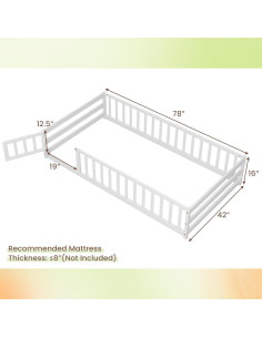 Cama de Piso Twin Giantex Blanca Montessori con Barandillas 2