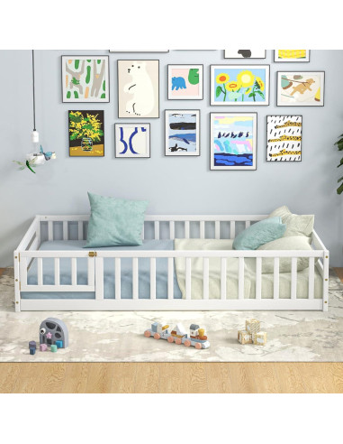 Cama de Piso Twin Giantex Blanca Montessori con Barandillas