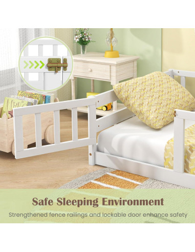 Cama de Piso Twin Giantex Blanca Montessori con Barandillas