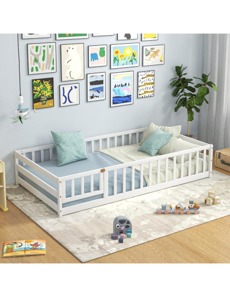 Cama de Piso Twin Giantex Blanca Montessori con Barandillas