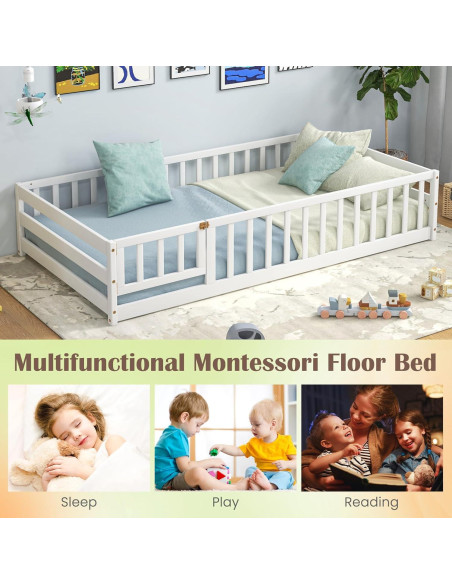 Cama de Piso Twin Giantex Blanca Montessori con Barandillas