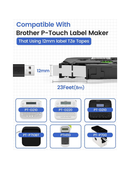10 Cintas de Etiqueta Suminey TZe 12mm Negro sobre Blanco
