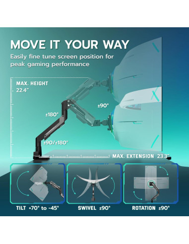 Brazo de Monitor ARES WING Soporte Gas 24-57" hasta 30 kg Negro