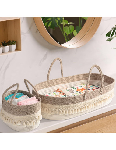 Cesta para Cambiar Bebés Boho con Almohadilla Impermeable