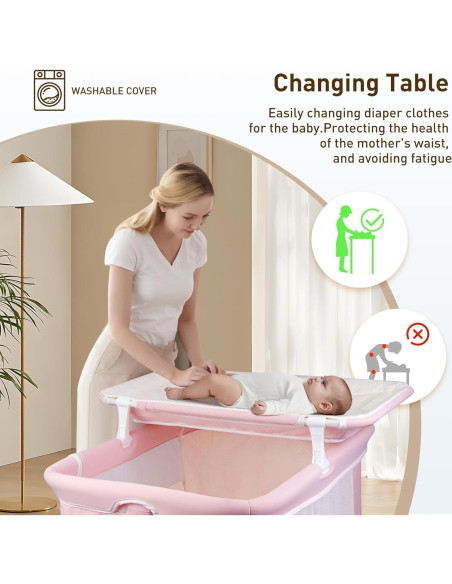 Cuna Lateral 4 en 1 Uuoeebb Rosa Plegable con Colchón