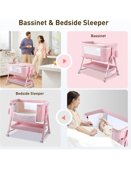 Cuna Lateral 4 en 1 Uuoeebb Rosa Plegable con Colchón