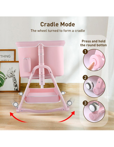 Cuna Lateral 4 en 1 Uuoeebb Rosa Plegable con Colchón