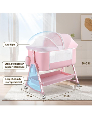 Cuna Lateral 4 en 1 Uuoeebb Rosa Plegable con Colchón