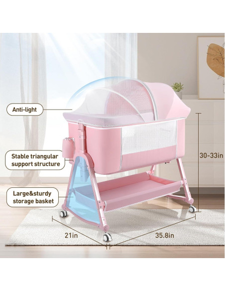 Cuna Lateral 4 en 1 Uuoeebb Rosa Plegable con Colchón