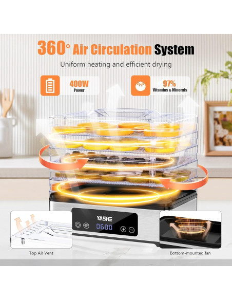 Deshidratadora de Alimentos YASHE FD-1019, 5 Bandejas Acero Inoxidable, 400W