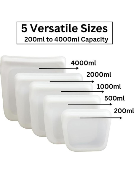 Bolsas de Almacenamiento de Silicona Reutilizables 5 Pzs 200-4000ml Bolsas de Almacenamiento de Silicona Reutilizables 5 Pzs 200-4000ml