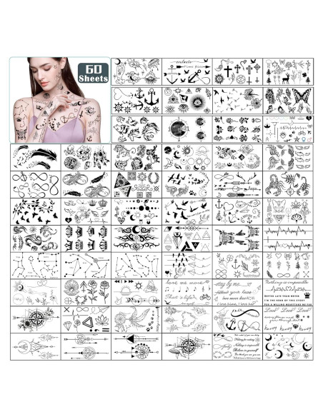 60 Hojas de Tatuajes Temporales Metuu - Diseños Celestiales y Naturales