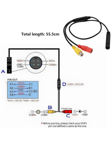 Cable Adaptador de Cámara de Reversa OTOTEC 55.5cm 4-Pin a RCA