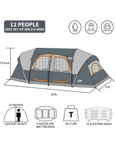 Carpa Familiar CAMPROS CP para 12 Personas Impermeable Gris 2