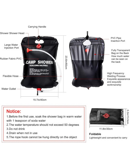 Bolsa de Ducha Solar DUOLAM 20L con Manguera y Cabezal Ajustable