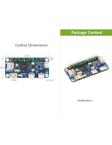 Placa de Desarrollo Waveshare RP2350-PiZero DVI USB 16MB