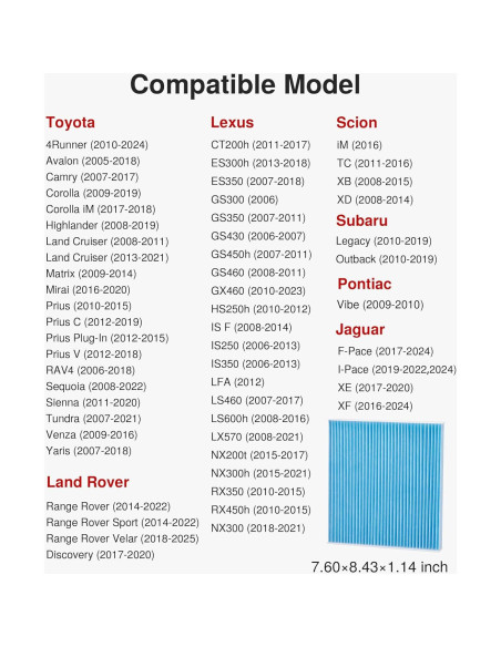 Filtro de Aire de Cabina Puroma para Toyota y Subaru, TCF285B-S