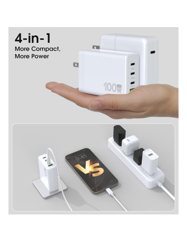 Cargador Rápido USB-C 100W 4 Puertos GaN - Compatible con MacBook, iPhone, Galaxy