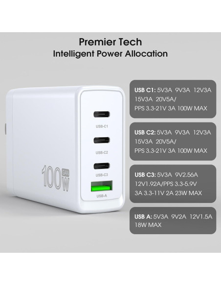 Cargador Rápido USB-C 100W 4 Puertos GaN - Compatible con MacBook, iPhone, Galaxy