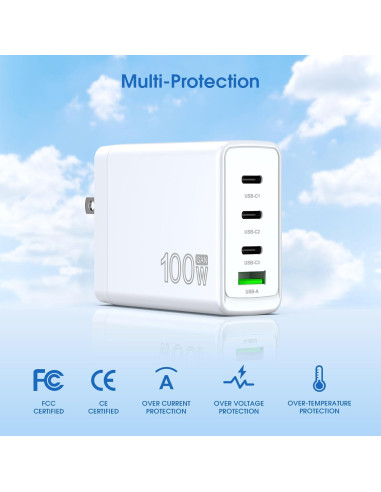 Cargador Rápido USB-C 100W 4 Puertos GaN - Compatible con MacBook, iPhone, Galaxy