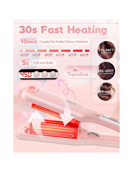 Rizador de Cabello NOVUS 2 Barriles 1.1" Cerámica Iónica Rosa