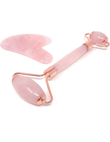 Rodillo Facial de Cuarzo Rosa Rengra - Set con Gua Sha