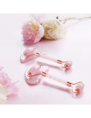 Rodillo Facial de Cuarzo Rosa Rengra - Set con Gua Sha