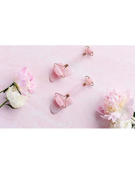 Rodillo Facial de Cuarzo Rosa Rengra - Set con Gua Sha
