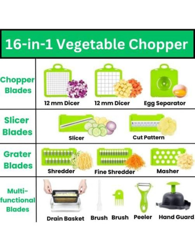 Picadora de Verduras 16-en-1 Ziga, Cortador Multifuncional Manual