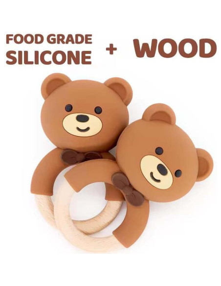 Sonajero Mordedor de Silicona y Madera Genérico para Bebés Sonajero Mordedor de Silicona y Madera Genérico para Bebés