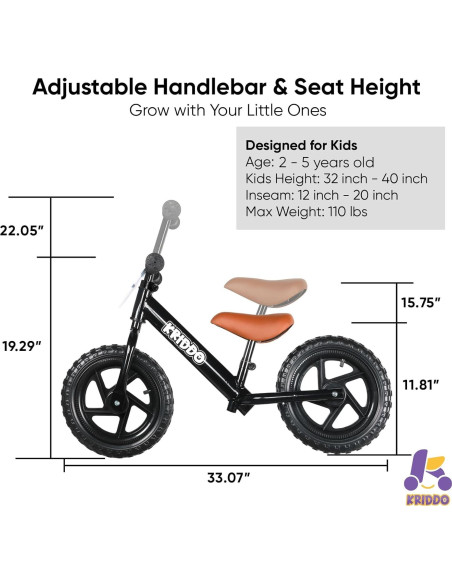 Bicicleta de Equilibrio KRIDDO para Niños 2-5 Años Negra