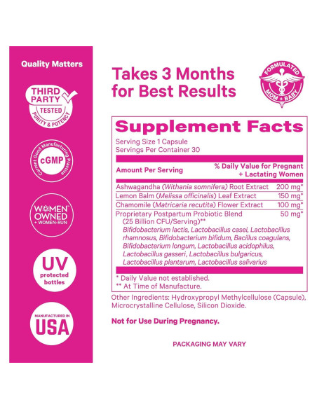 Probioticos Postnatales Pink Stork - 30 Cápsulas con Ashwagandha