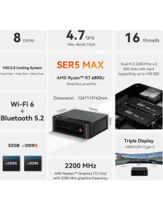 Mini PC Beelink SER5 Max AMD Ryzen 7 6800U 32GB RAM 1TB SSD 2