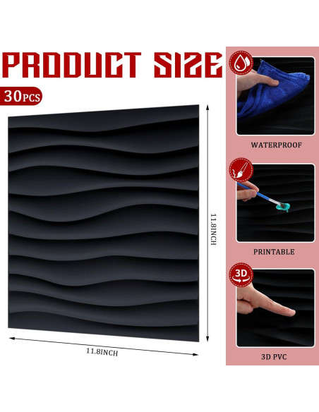 Paneles de Pared 3D Chunful 30 Pcs PVC 30x30 cm Negro