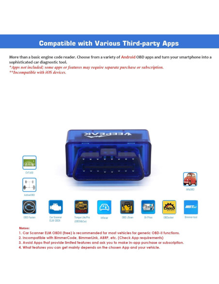 Escáner OBD II Veepeak VP11 Bluetooth para Android - Lector de Códigos