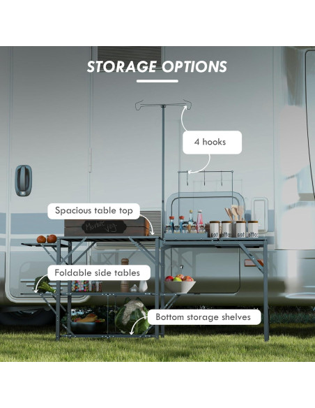 Mesa de Cocina Plegable Genérico para Camping con Estantes y Soporte de Luz Mesa de Cocina Plegable Genérico para Camping con Estantes y Soporte de Luz
