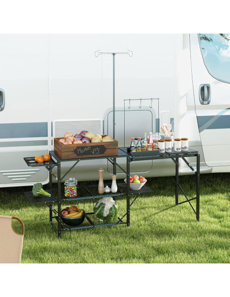 Mesa de Cocina Plegable Genérico para Camping con Estantes y Soporte de Luz Mesa de Cocina Plegable Genérico para Camping con Estantes y Soporte de Luz
