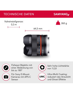 Lente Ojo de Pez Samyang 8mm F2.8 II Enfoque Manual Sony E 2