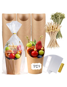 100 Tazas de Papel Desechables FSAH 12Oz con Palillos y Etiquetas