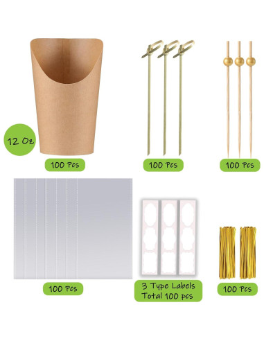 100 Tazas de Papel Desechables FSAH 12Oz con Palillos y Etiquetas