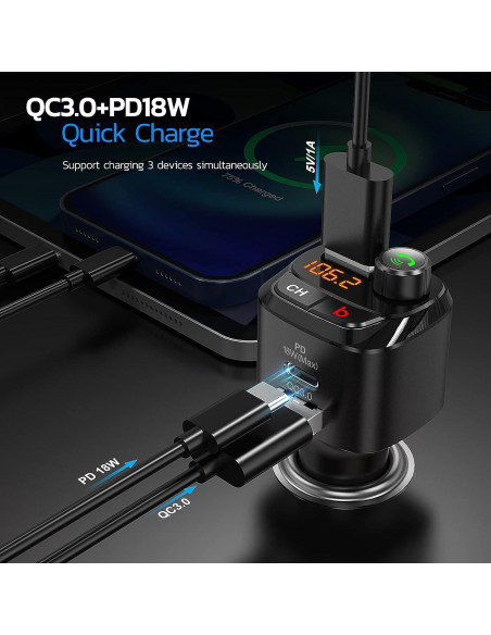 Transmisor FM Bluetooth Nulaxy NX12 con Cargador USB 18W