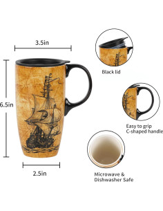 Taza de Cerámica Topadorn 500ml con Tapa y Asa Vintage 2