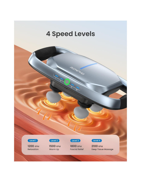 Pistola de Masaje RENPHO PUK-R-WMG11-GY, 4 Cabezas, 12V