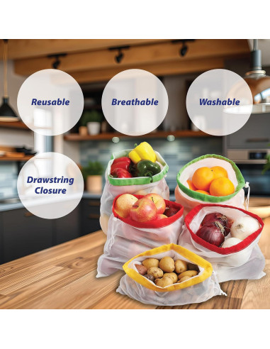 Bolsas de Malla Reutilizables HIC Kitchen - Juego de 5 con Cierre