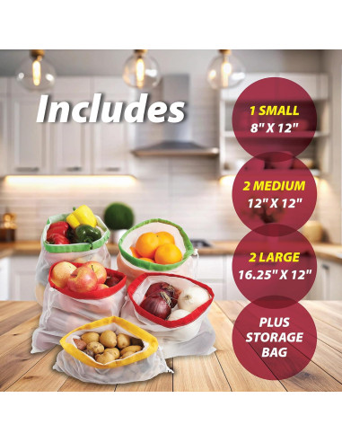 Bolsas de Malla Reutilizables HIC Kitchen - Juego de 5 con Cierre