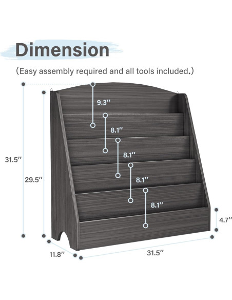 Estantería de Libros para Niños TOETOL 5 Niveles Madera Gris