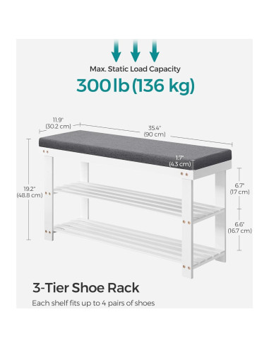 Banco de Zapatos SONGMICS de Bambú 3 Niveles Blanco y Gris