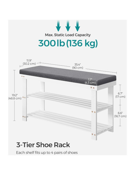 Banco de Zapatos SONGMICS de Bambú 3 Niveles Blanco y Gris