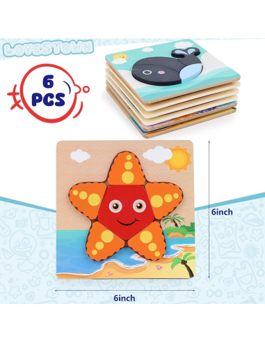 Rompecabezas de Madera Montessori LovesTown Animales Marinos 6 Piezas