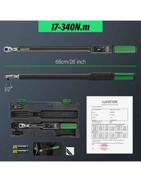Llave de Torque Digital LLAVETOR 1/2" 17-340 N.m Precisión +/-2%